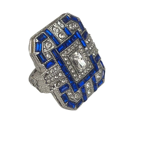 Art Deco Style Silver & Blue Statement Ring With Crystal Accents - Picture 9 of 11